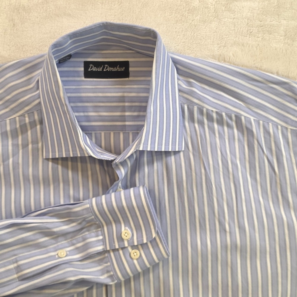 DAVID DONAHUE Mens 16-34/35 Blue & White Striped Long Sleeve Button Shirt